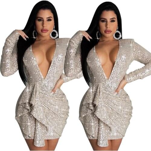 Hot Sale Short Evening Dresses Glitter Sequin Sexy V Neck Long Sleeves Tuxedo Blazer Gowns Girl Fashion Gown Party Wear