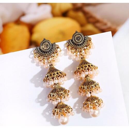 India Ethnic Pendant Earrings Womens Vintage Silver Gold Long Tassel Pendant Bollywood Earrings Bohemian Gypsy Jewelry