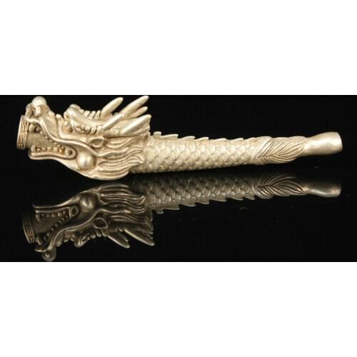 China Collectible Hand-carved Dragon Head Retro Tibetan Silver Tobacco Pipe