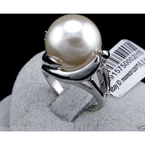 Hot sale new Style >>>>Fashion charming huge 14mm round south sea white shell pearl ring 8