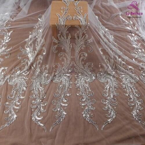 New arrivals silver beads sequins on netting lace fabric for wedding dress lace fabric 130cm by yard