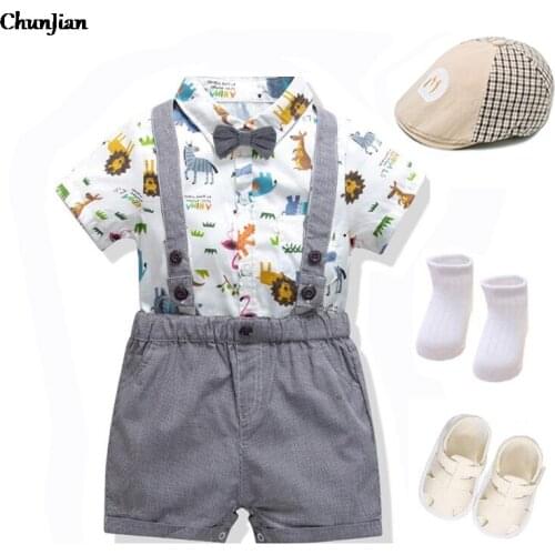 Baby Boy Clothes Newborn Romper Sets Children Baby Clothing Boys Animal Printed Romper+Suspender Shorts Bow Tie Gentleman Suits