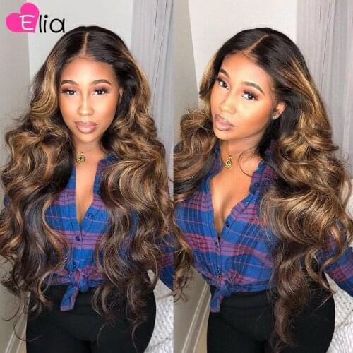 Elia Highlight 4 30 Lace Front Wig Body Wave Wigs Virgin Brazilian 100% Human Hair Pre Plucked Transparent For Black Women