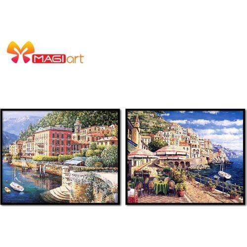 Cross stitch kits Embroidery needlework sets 11CT water soluble canvas patterns 14CT Oil painting Seaside Town Scenery-NCMS037