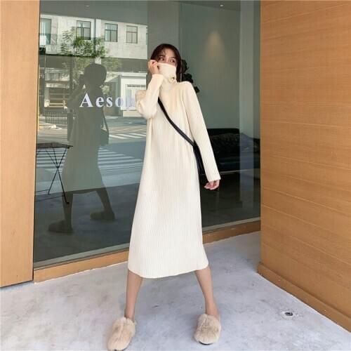 Women Long Sweater Dresses Turtleneck Long Sleeve Dress Korean Loose Long Knitted Sweater Dress