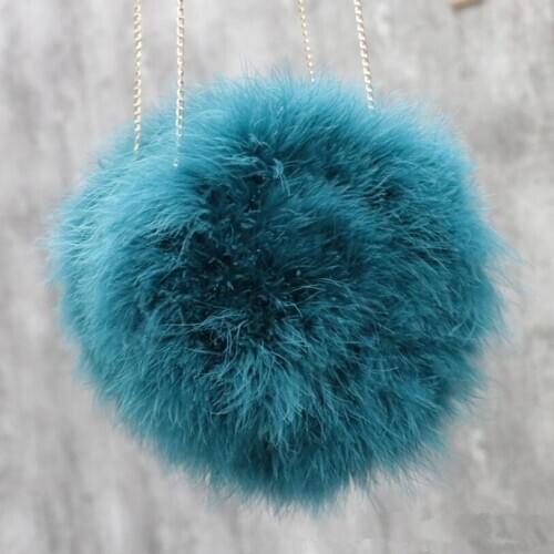 Womens Round Shaped Handbags Cute Real Ostrich Feather Fur Crossbady Bags Wallet Purse Chain Shoulder Bag Lady Fluffy