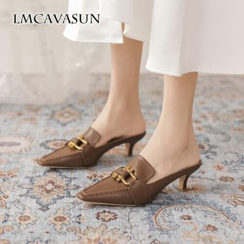 LMCAVASUN Baotou half slippers womens outer wear 2021 summer new womens shoes square toe retro mid-heel slippers high heels
