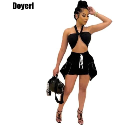Halter Sexy Two Piece Set Women Skirt Summer Clothes Backless Crop Top Set Party Night Club Outfits for Women Bodycon Dress Sets