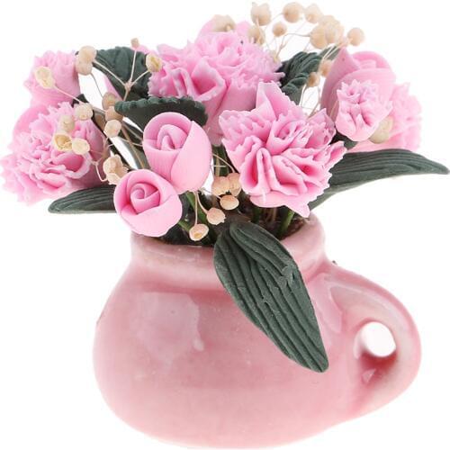 1:12 Dollhouse Miniature Pink Flower In Glass Vase Dolls Room Table Garden Decoration Decor Accs Furnishings