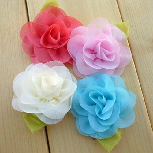 NEW 2.4inch Fashion chiffon flower with leaf Diy for hair accessories headband ornaments colorful flowers without clip 10pcs