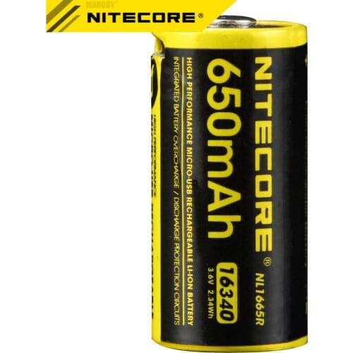 2021 NITECORE NL1665R 650mAh 16340 CR123 Built-in Micro-USB Charge Port Rechargeable Li-ion Battery 3.6V 2.34Wh High Performance