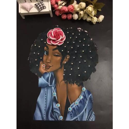 3D Printed African Women Heat Transfer Printing Sew on Patches for Clothes Jacket Handmade Flower Beaded Black Girl Appliques