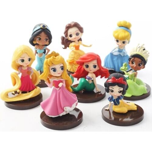 8Pcs/Set Q Posket Princesses Figure Toys Dolls Tiana Snow White Rapunzel Ariel Cinderella Belle Mermaid PVC Action Model Gifts