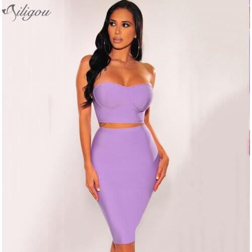 Ailigou 2021 New Summer Fashion WomenS Designer Sexy Strapless 2 Piece Bandage Suit Ladies Backless Sleeveless Sexy Party Suit