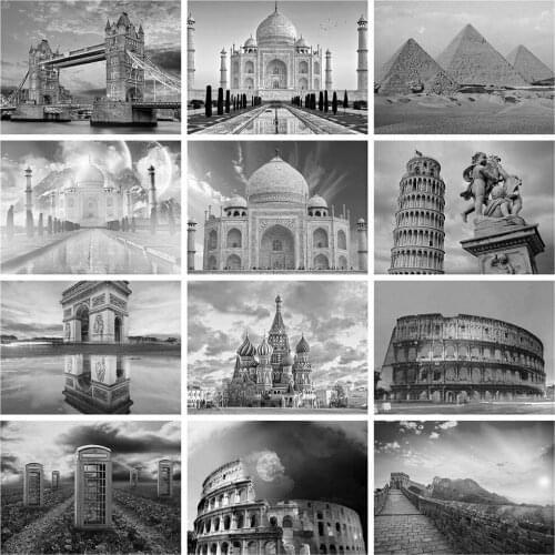 HUACAN 5d Diamond Painting Black And White City Mosaic Landscape DIY Diamond Embroidery Building Home Decor Craft Kit