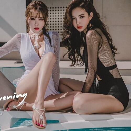 One Piece Bikini Small Chest Push Up Swimwear Sexy Tight Long Sleeve Transparent Mesh Lace Swimwear Breathable Swimsuit Women