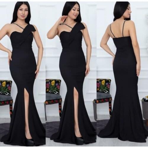 Elegant Long Mermaid One Shoulder Evening Dresses Black Floor Length Open Back Abendkleider Formal Party Dress for Women