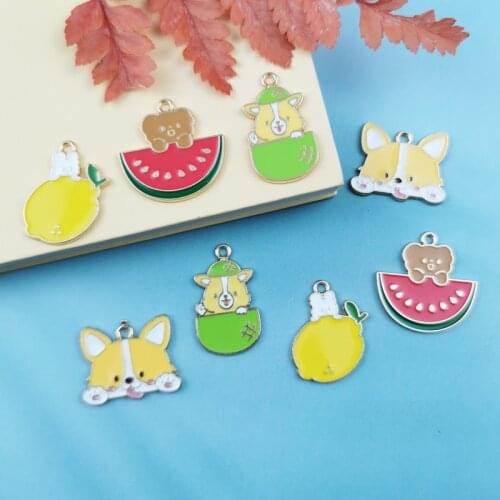10pcs/pack New Dog watermelon Cat Enamel Charms Fruit Design Pendants for Jewelry Making Earrings Bracelet Floating Golden Base