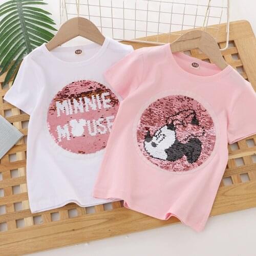 Minnie Mouse T-Shirt Kids Summer Tops Clothing Glitter Fashion Girls Clothes Cotton Soft Pink Tops for Girls Children Tops Shirt