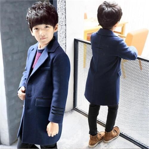 Korean Boys Wool Winter Coat England Style Kids Thick Outerwear Fashion Kids Woolen Long Jackets Children Warm Coats 001