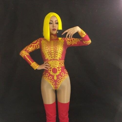 Red Gold Rhinestones Printed Long Sleeve Sexy Leotard Female Singer Dance Costume Stage Nightclub Womens Birthday Show Bodysuit