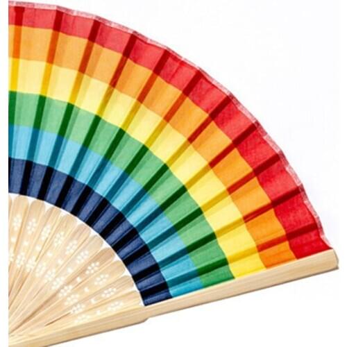 Summer Rainbow Handheld Folding Fan for Wedding Party Decoration Festival Dance X4YD