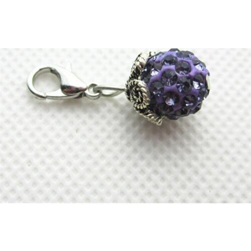 Hot selling 10pcs/lot purple rhinestone crystal round dangle charms lobster clasp charms for glass floating lockets charms