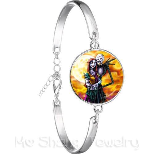 Lovely Romantic Halloween Gifts Jack And Sally Series Pattern 18mm Round Glass Cabochon Bracelet For Glamorous Xmas Gift