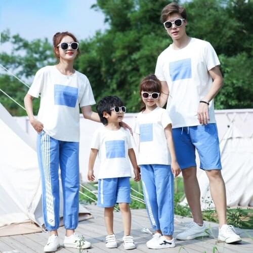 Fashion New Summer Sports Look Family Outfits Clothing Mother Girl Blue Trousers Father Boy Cotton T shirts & Shorts 2pcs/sets