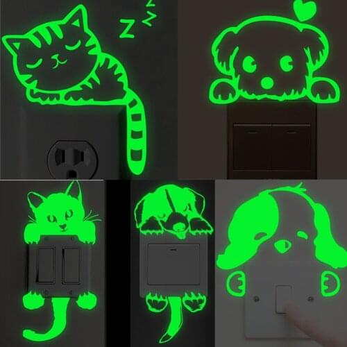 Cartoon Luminous Switch Mural Glow In The Dark Wall Stickers Home Decor Kids Room Decor Sticker Decal Cat & dog