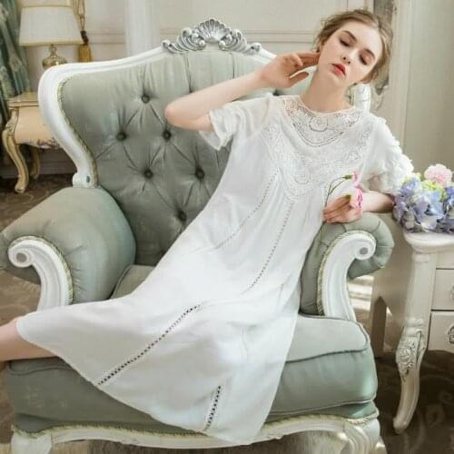 2021 New Womens Victorian Nightdress Cute Nightgown Cotton Sleepwear Nightie NEW HOT Solid color Round neck