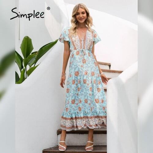Simplee Vintage boho women dress summer Short sleeve sash V-neck floral print spring maxi dresses Holiday country style dress