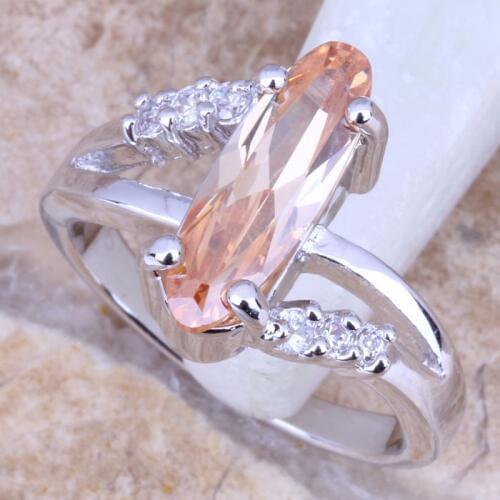 Terrific Champagne Morganite White CZ Silver Plated Womens Ring Size 5 / 6 / 7 / 8 / 9 R0836