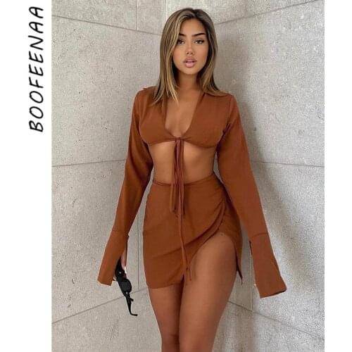 BOOFEENAA Sexy Cleavage Two Piece Set Crop Top Cardigan Skirt Fall Clothes for Women Clubwear Long Sleeve Dress Suits C83-CZ25