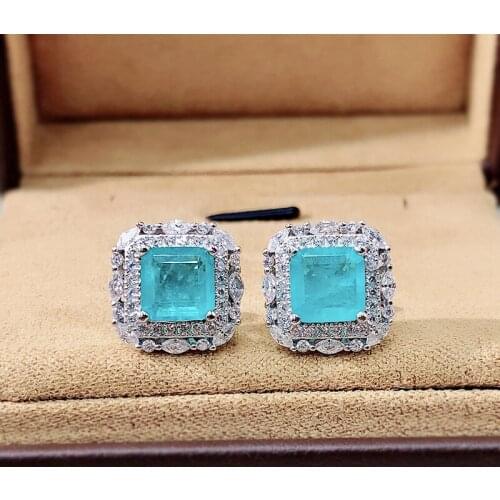 Trendy 925 Sterling Silver 7*7mm Emerald Paraiba Stud Earrings for Women Fine Jewelry Creative Full Diamond Emerald Gem Earrings