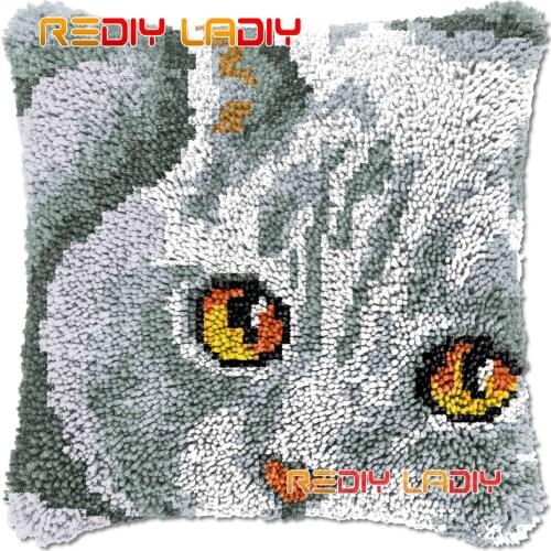 Latch Hook Cushion Grey Kitten DIY Needlepoint Kits Chunky Acrylic Yarn Arts Crocheting Lofty Pillow Case Hobby & Crafts