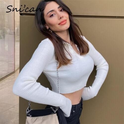 Snican White Sexy Backless Sweater Women Fashion Crop Tops V Neck Long Sleeve Pullover Za 2021 Jumper Mujer Jumper Femme Coat