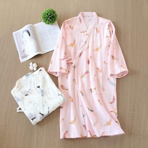 Women Casual Comfortable Robes Pajamas Gauze Crepe Cotton Loose Kimono Spring Bathrobe Traditional Hanfu Home Clothes Sleepwear