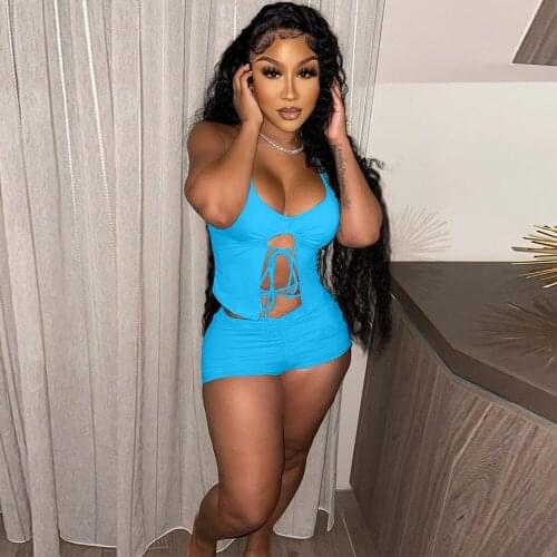 Vintage Drawstring Body-shaping Backless Crop Top + Ruched Slim Fit Shorts for Women Summer Hollow Out Party Two Piece Outfits