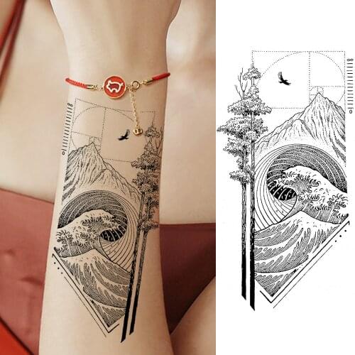 Beautiful Mountain Wave Temporary Tattoos Sticker For Women Men Fashion Body Art Arm Tatoos Fake Black Forest Dot Pattern Tatoos