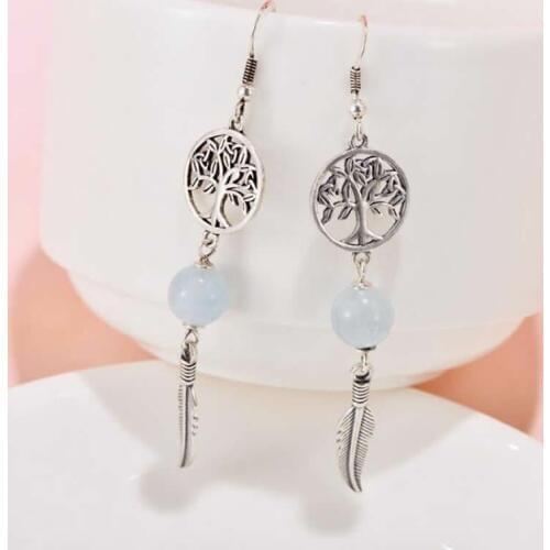 S925 Silver Earrings Women Tree Feather Jade Beads Long Dangle Earrings