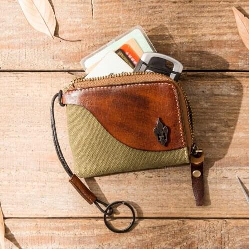 Retro Cowhide Womans Men Wallet Vegetable Tanned Leather Canvas Stitching Card Holder Coin Purse Key Simple Small Money Bag