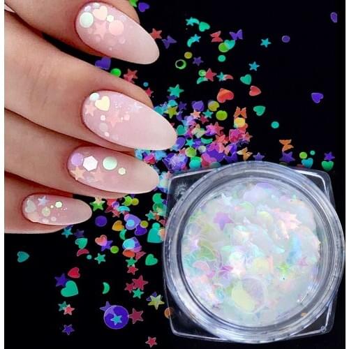 1 box Holographic Nail Art Glitter Mix Star Round Heart Flakes Mermaid Mirror Irregular Paillette DIY Sequins Nail Art Decor