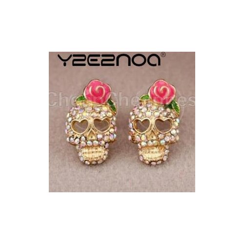 1 Pair Rhinestone Skeleton Skull Ear Studs Earrings Women Fashion Accessories Personality Cute Pink Rose