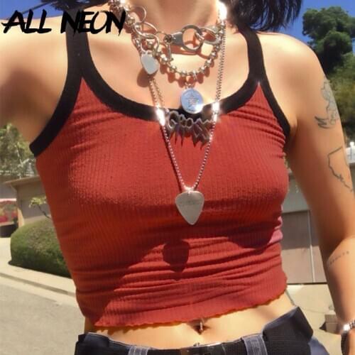 ALLNeon Mall Goth Y2K Ribbed Knitted Red Crop Tops Harajuku E-girl Streetwear Straped Ruffles Cami Tops Grunge Aesthetics Outfit