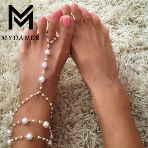 MYDANER 2017 Women Simulated Pearl Anklet Footless Beach Wedding Barefoot Sandal Boho Anklet for Women Female Anklets Jewelry