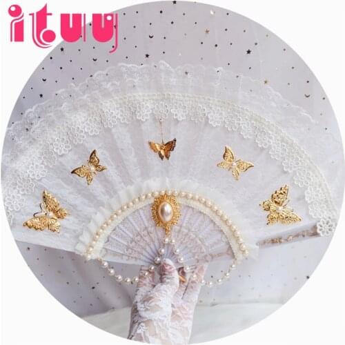 Butterfly Pearl Gorgeous Multilayer Lace Hand Fans Lolita Harajuku Gothic Japanese Style Handheld Dance Fan Props For Comic-Con