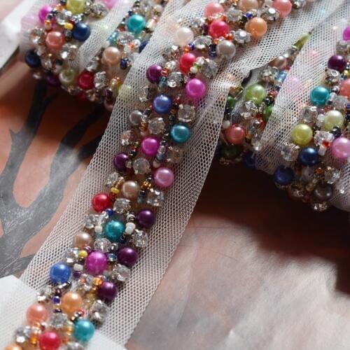Free Shipping 2cm Fake Pearl Beaded Lace Trim Mesh Fabric Paillette Lace Beaded Trim Braid Lace Applique