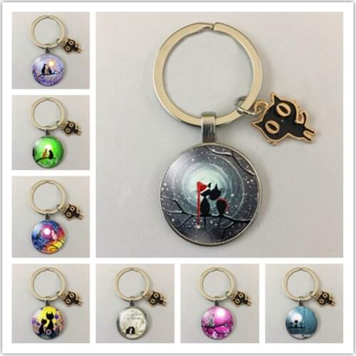 Cartoon cute couple cat animal keychain glass round photo glass cabochon keychain key ring couple gift