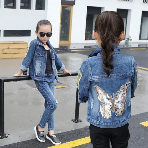 2020 Spring Girls Fashion Denim Jacket Kids Pearls Cowboy Coat With Sparkle Butterfly Childrens Holes Leisure Outerwear X362